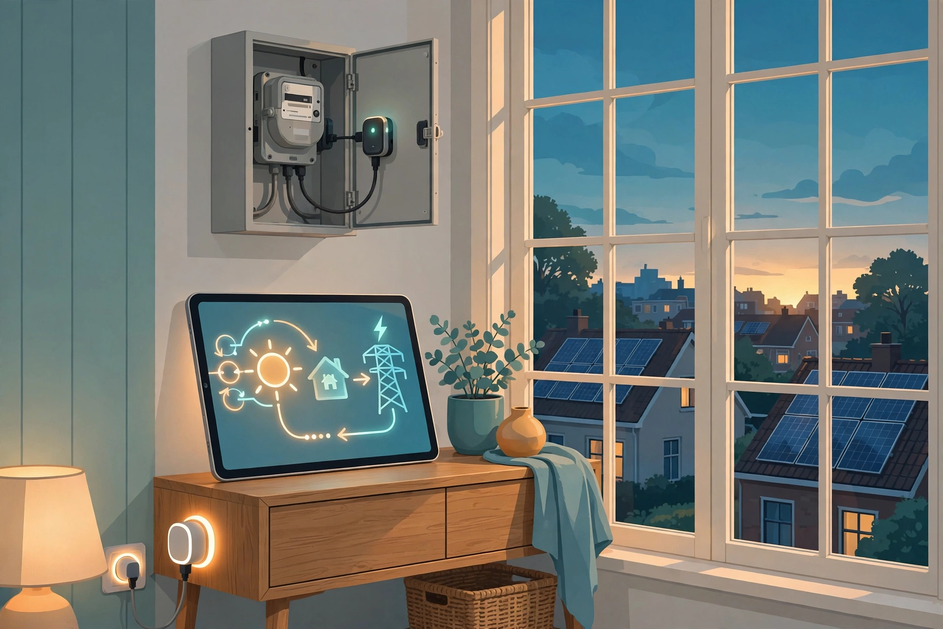 Illustratie van energiemonitoring in een Nederlandse woonkamer: P1-meter in de meterkast, energiediagram op een tablet en zonnepanelen door het raam