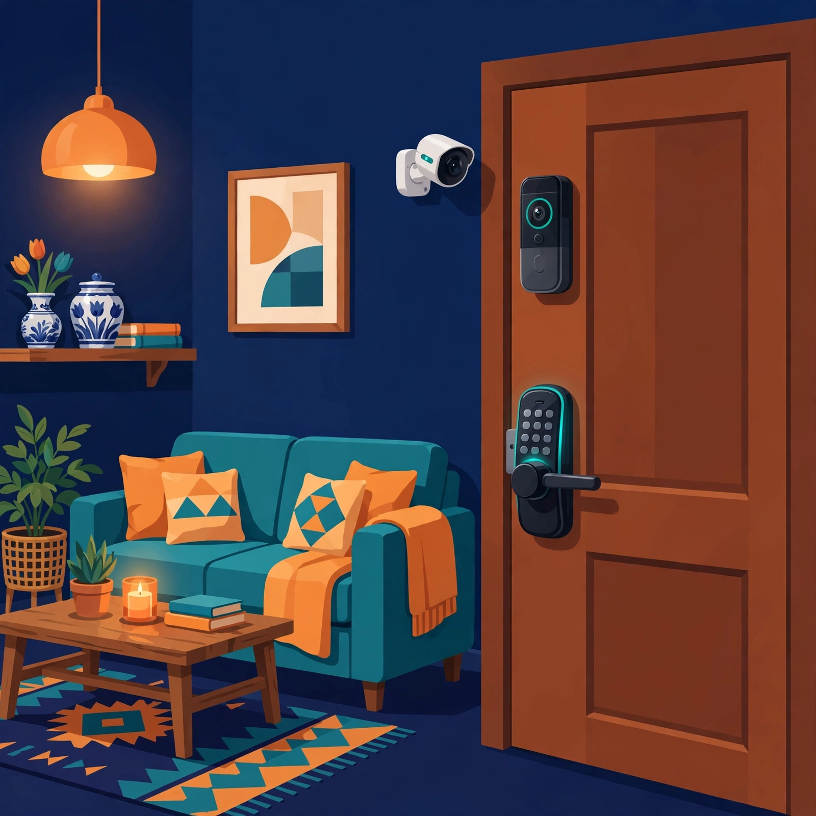Illustratie bij de koopgids: voordeur met videodeurbel en slim deurslot, beveiligingscamera aan de muur en een gezellige woonkamer