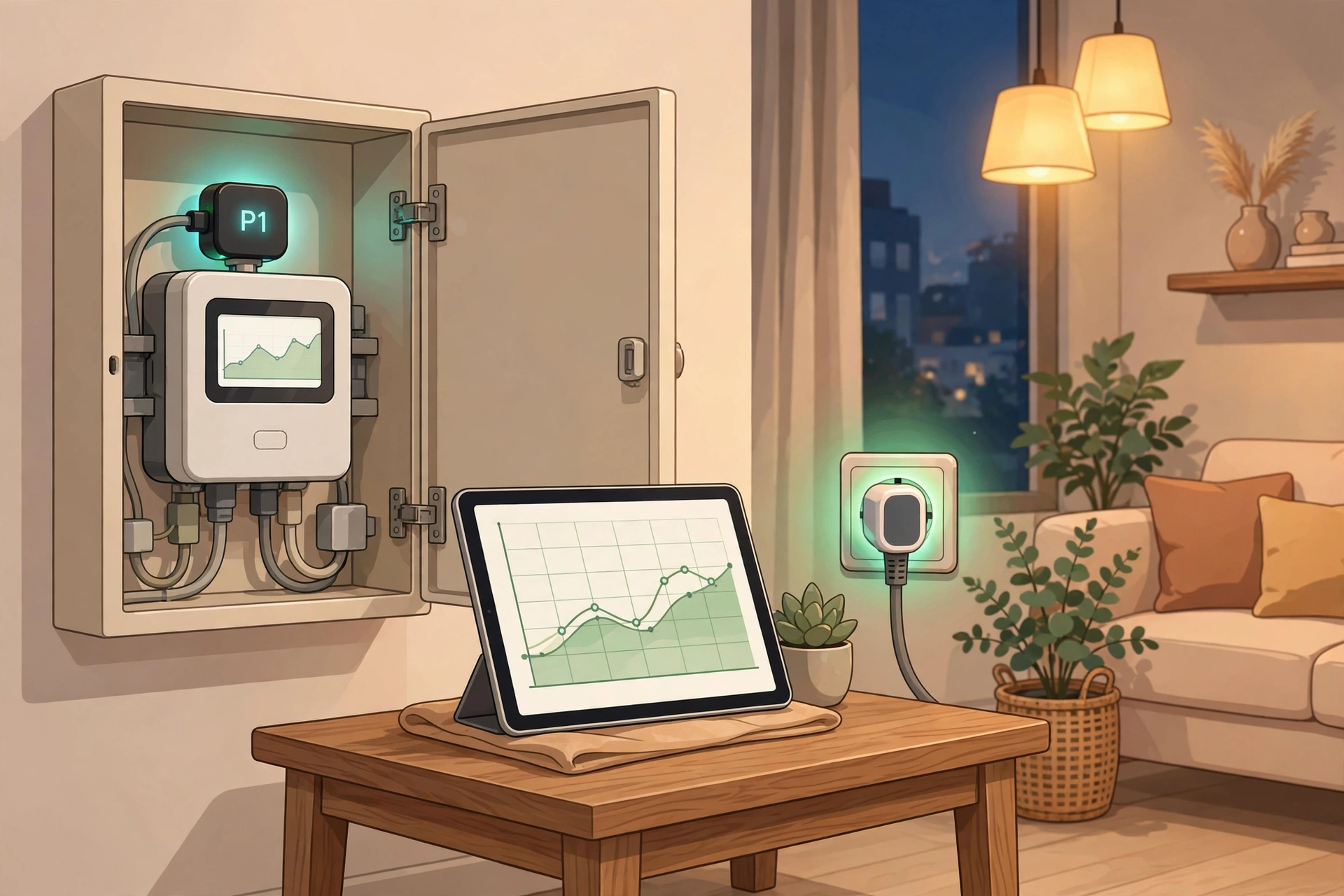 Illustratie bij de koopgids: meterkast met P1-meter, slimme stekker in het stopcontact en een tablet met energieverbruiksgrafiek