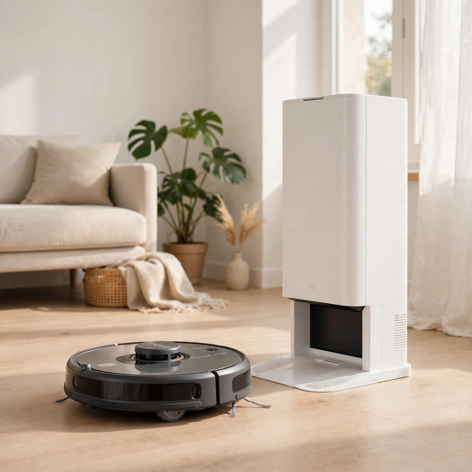 Illustratie bij de koopgids: een ronde robotstofzuiger met LiDAR-torentje naast een wit zelfledigend dock-station in een lichte woonkamer