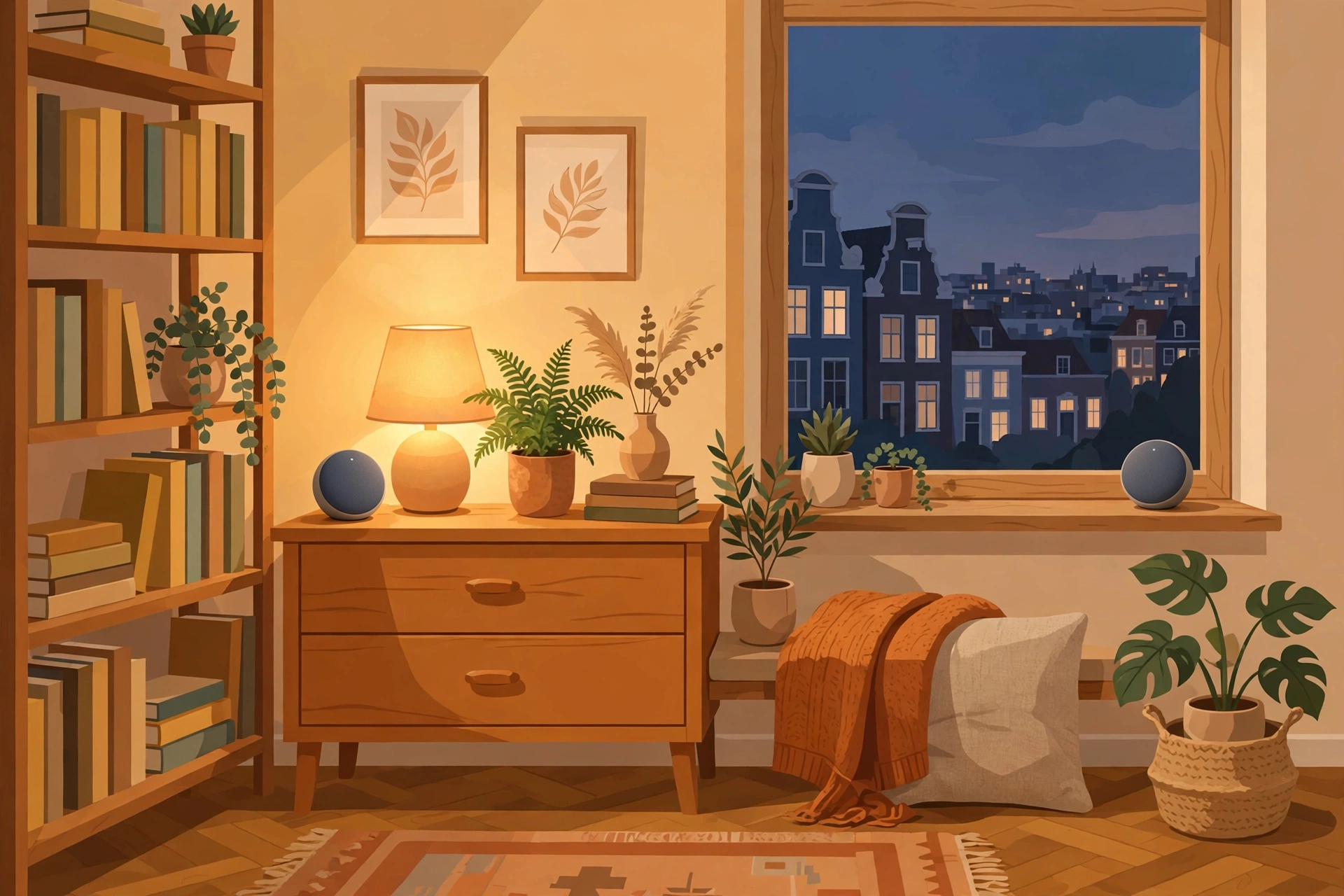 Illustratie bij de koopgids: knusse woonkamer met slimme speakers op een dressoir en vensterbank, Amsterdamse grachtenpanden in het avondlicht achter het raam