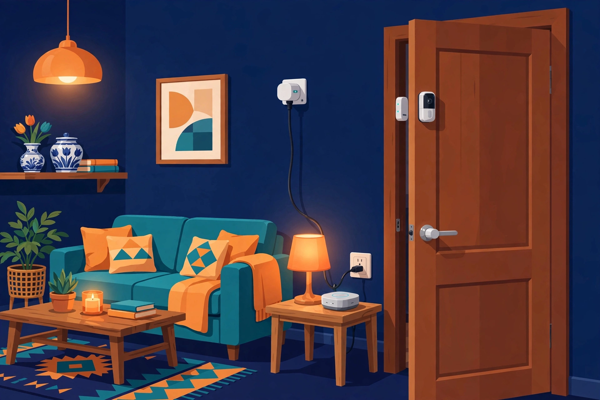 Illustratie bij de koopgids: woonkamer met slimme stekker in het stopcontact, deursensor op het deurkozijn en een smart-home hub op een bijzettafel