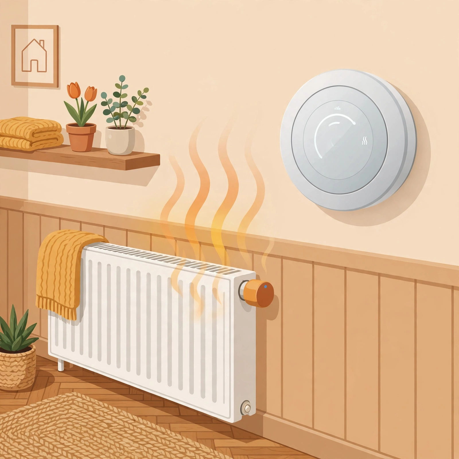 Illustratie bij de koopgids: slimme thermostaat aan de muur naast een radiator met slimme radiatorknop en opstijgende warmte