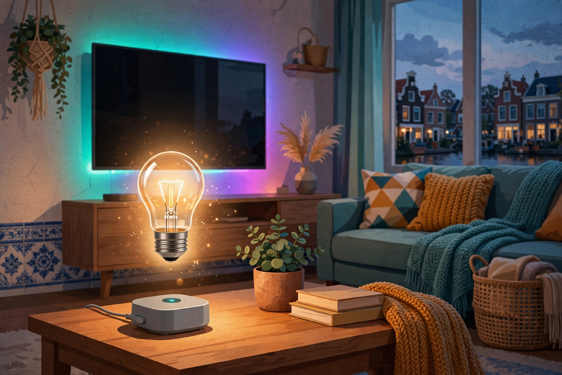 Illustratie bij de koopgids: sfeervolle woonkamer met slimme lamp, LED-strip achter de tv en een smart-home hub op tafel