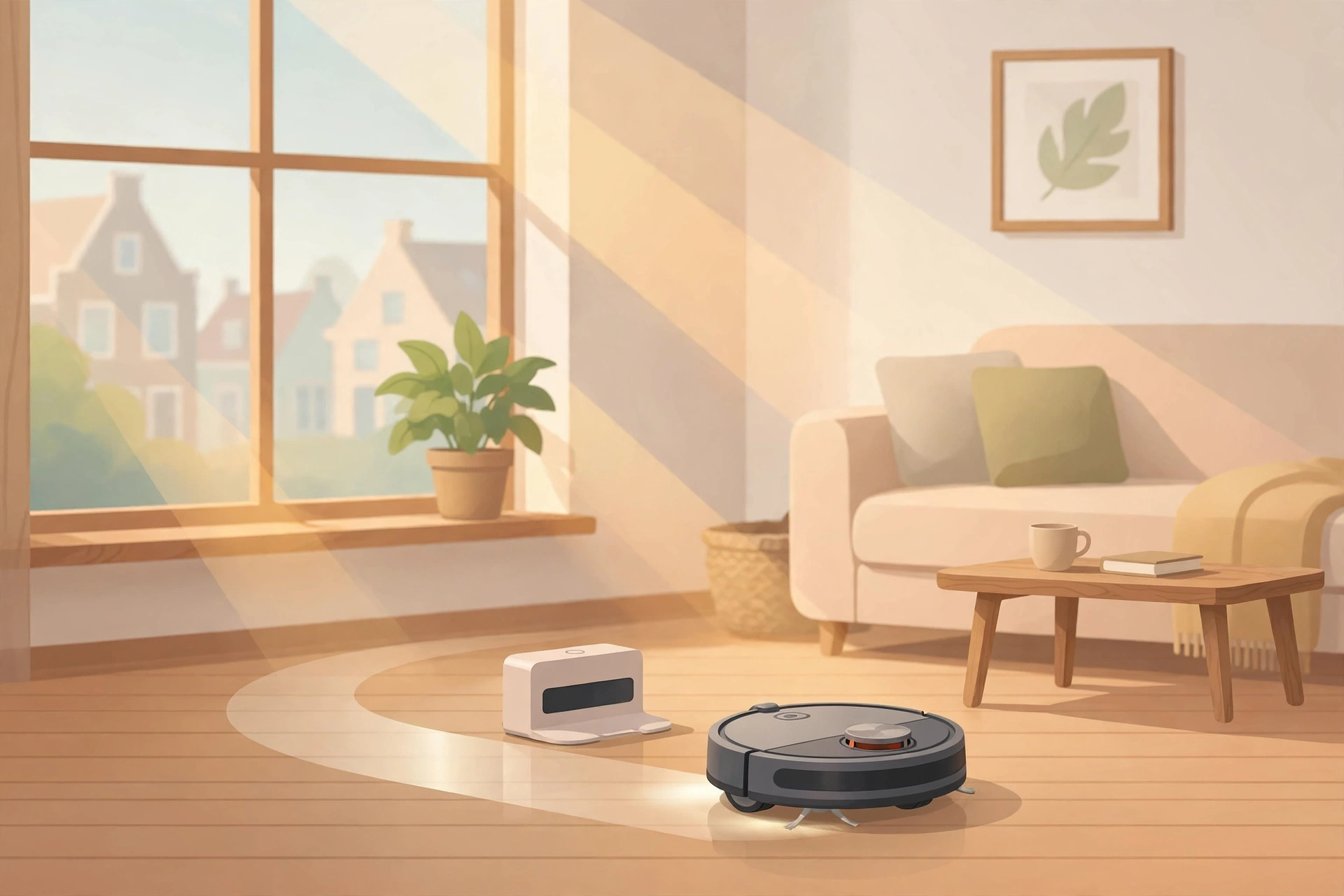 Illustratie van een robotstofzuiger met dock-station in een zonnige Nederlandse woonkamer