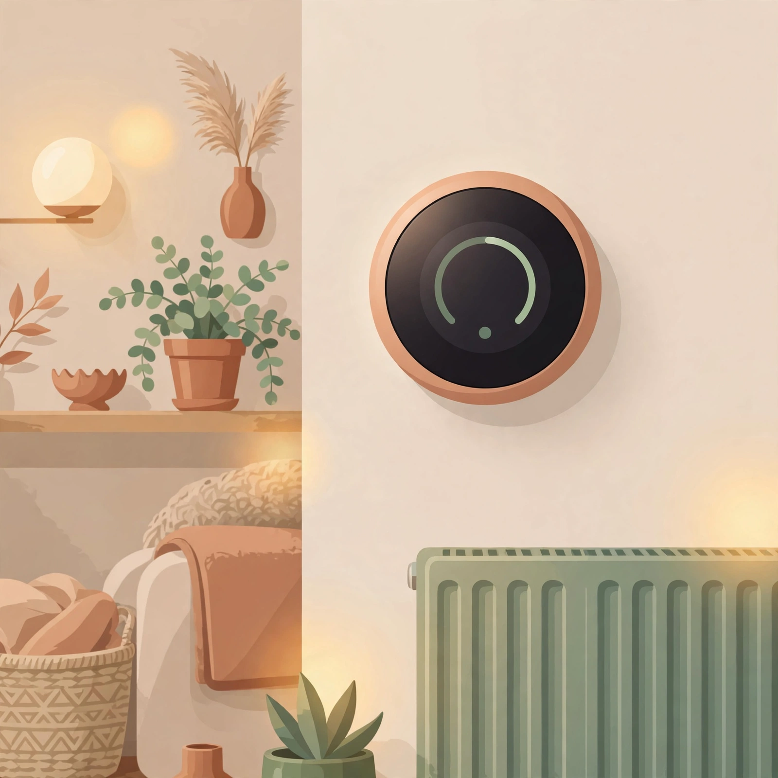 Illustratie van een slimme thermostaat aan de muur naast een radiator