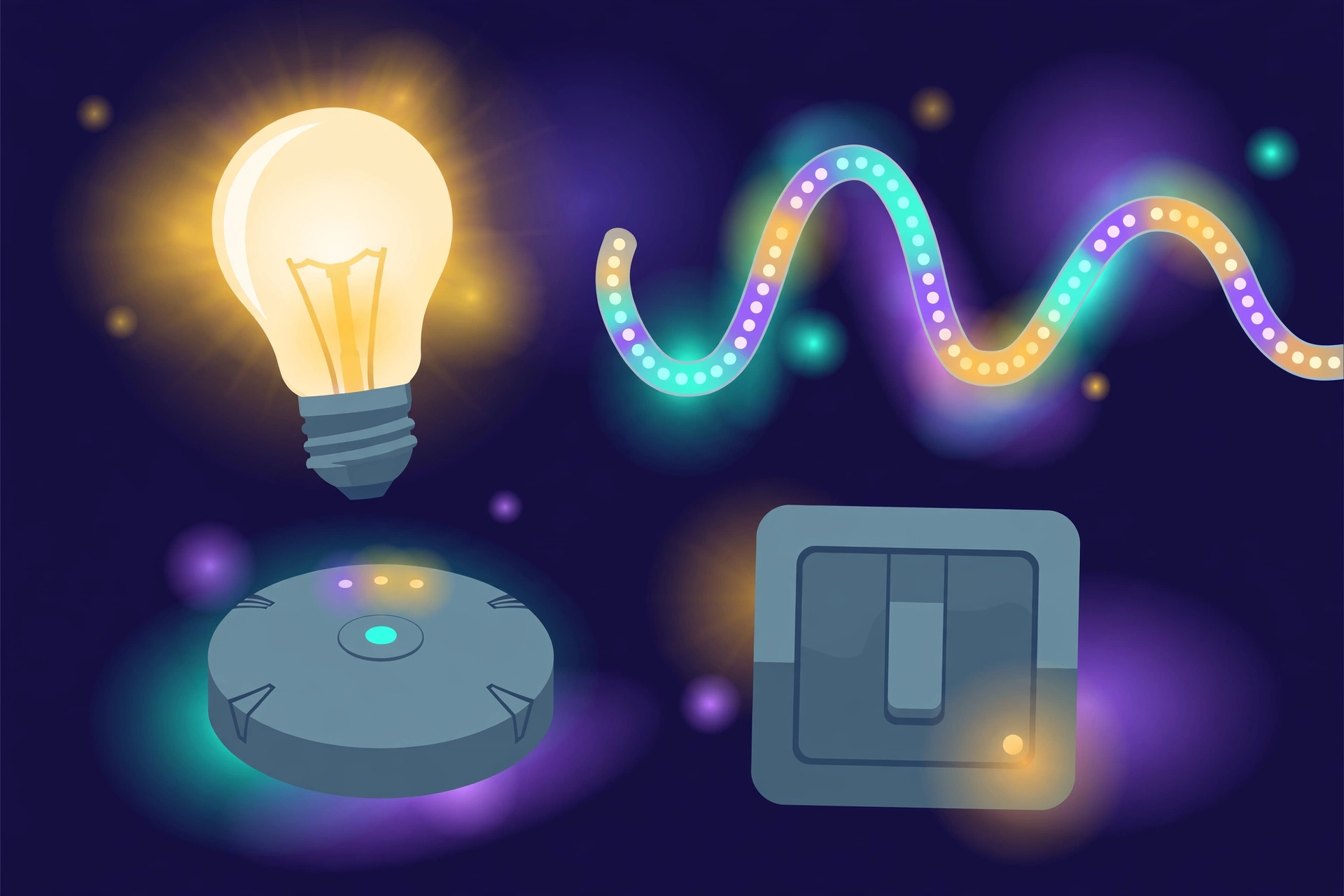 Illustratie van slimme verlichting: lamp, LED-strip, hub en schakelaar